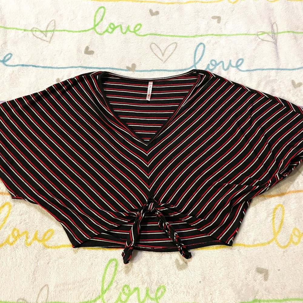 Black Red White Stripe Oversized Bat Wing Top Shirt Womans sz Small